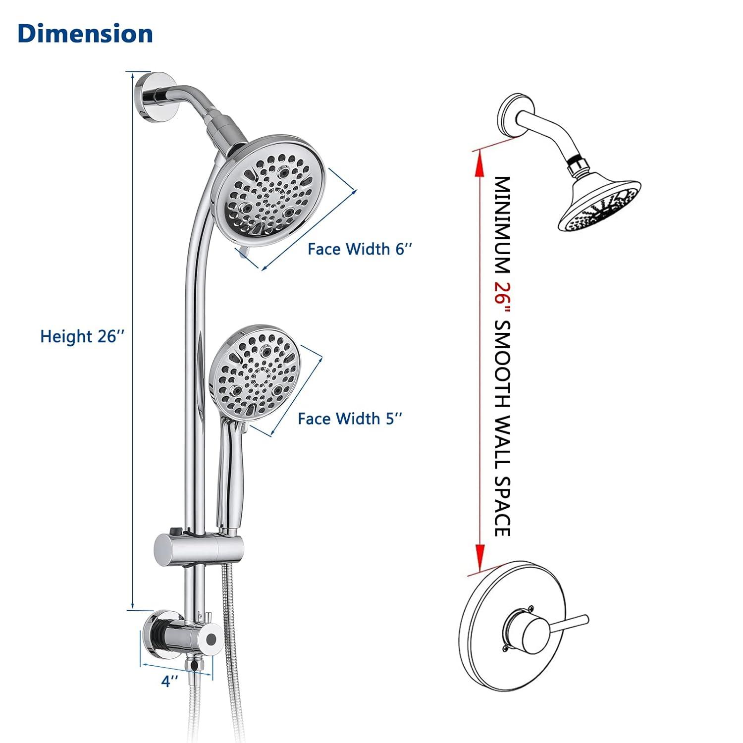 Rainfall Shower Head with Handheld Shower Spray, with 26" Drill Free Adjustable Height Slider Bar, High Pressure Dual Shower Head Combo, 3-Way Diverter for Easy Reach, 5Ft Hose - Chrome Finish
