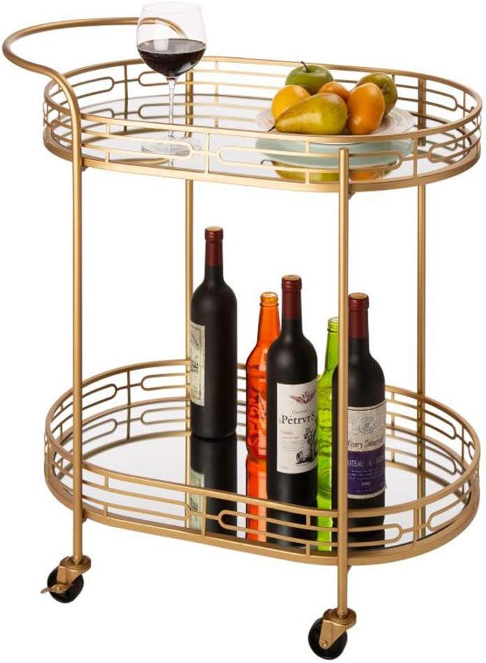 Glitzhome 29.5" H Round Gold Bar Cart with 4 Wheels 2-Tier Deluxe Tray Metal Mirrored Glass Top Rolling Serving Cart for Kitchen Living Room Hotel Wine/Tea Serving Cart