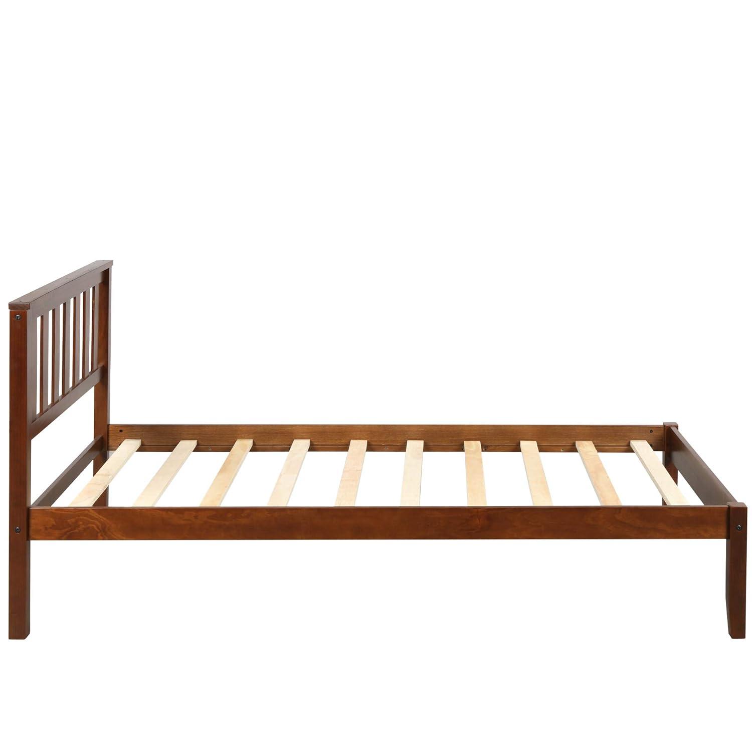 Knubmt Twin Size Bed Frame Wood Platform Bed with Headboard/Wood Slat Support, Perfect for Home, Bedroom, Brown