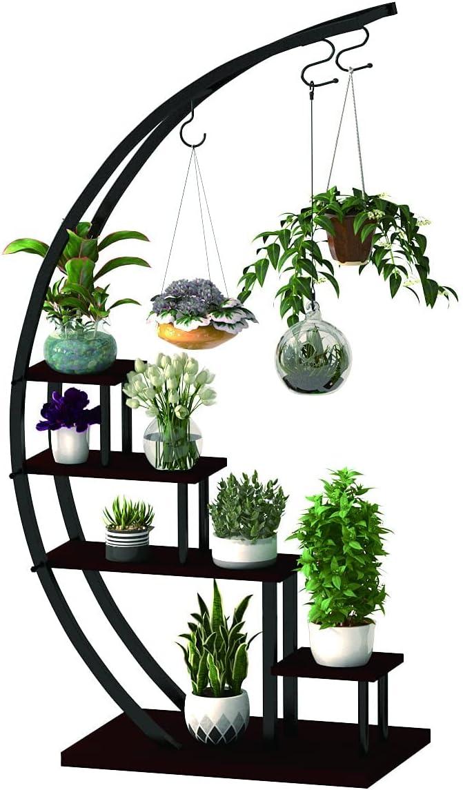 Black Semicircular 5-Tier Metal and Wood Plant Stand