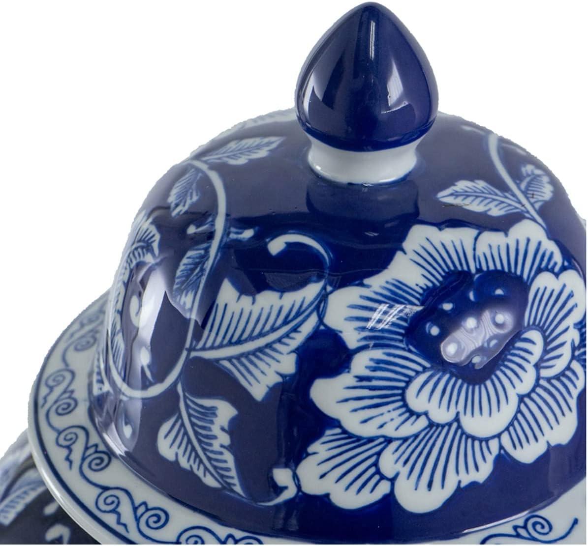 Blue and White Porcelain Floral Ginger Jar with Lid, 18"