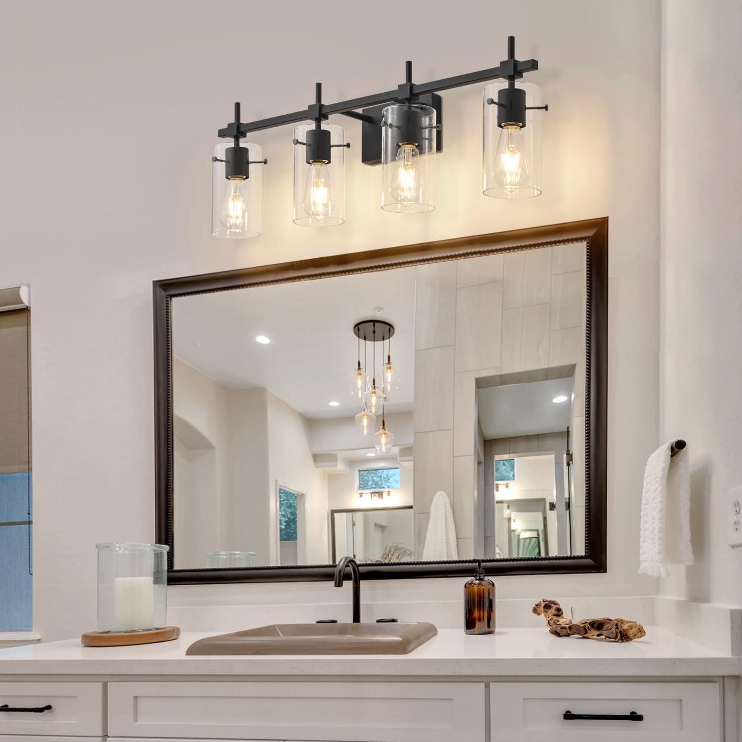 Black Metal and Glass 4-Light Bathroom Vanity Fixture