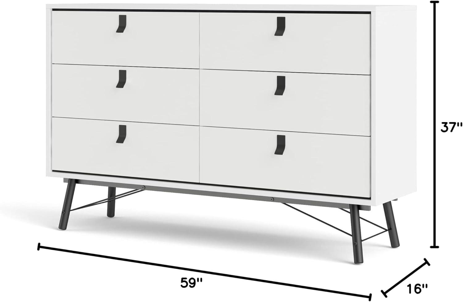 Tvilum Ry 6 Drawer Double Dresser for Adults, White and Matte Black