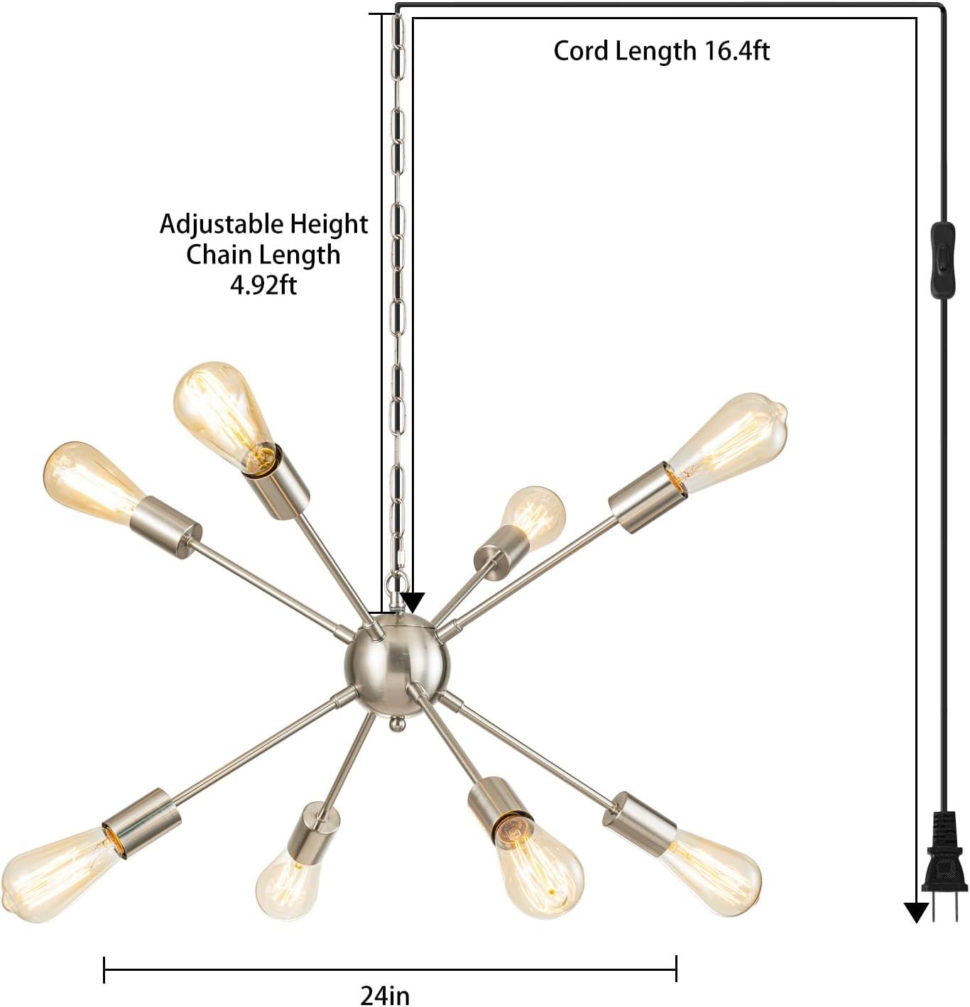 Sputnik Chandelier 8 Lights Brushed Nickel Modern Pendant Lighting Mid Century Flush Mount Ceiling Light Fixture Adjustable Height for Kitchen Dining Room Living Room Bedroom Foyer