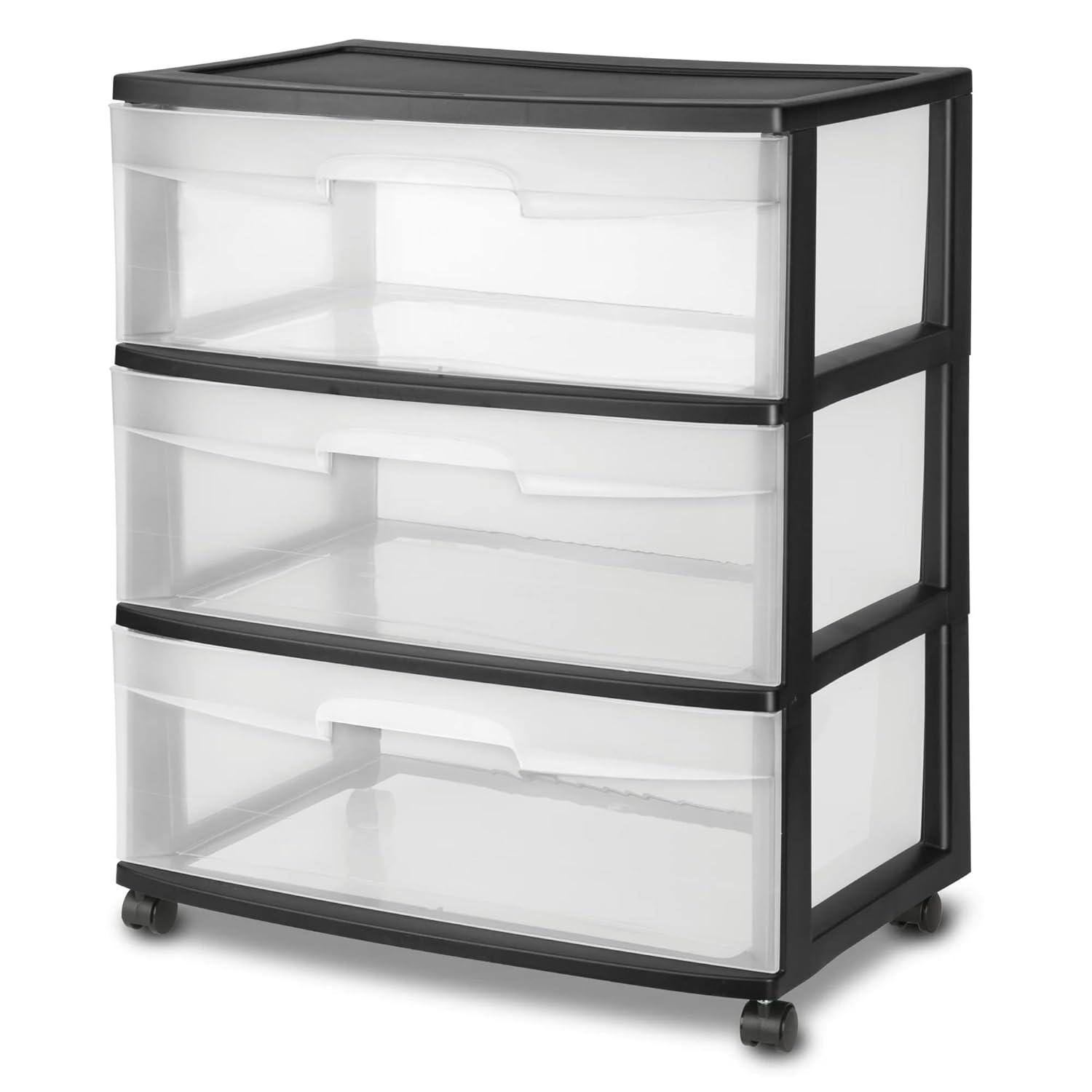 Sterilite Storage Drawer, 3 Drawer Wide Plastic Storage Cart with Clear Pull Out Drawers, Black