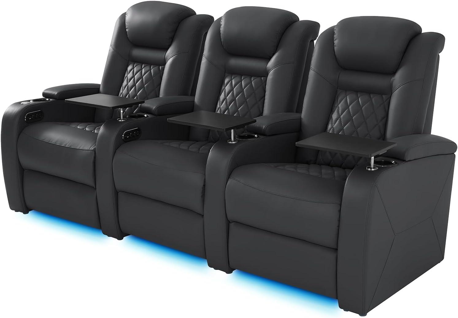 Top Grain Leather Home Theater Seating Power Headrest & Memory Function, 7-Color Ambient Lighting, USB/Type-C Charging, Easy Assembly Electric Recliner Chair (Row of 3)