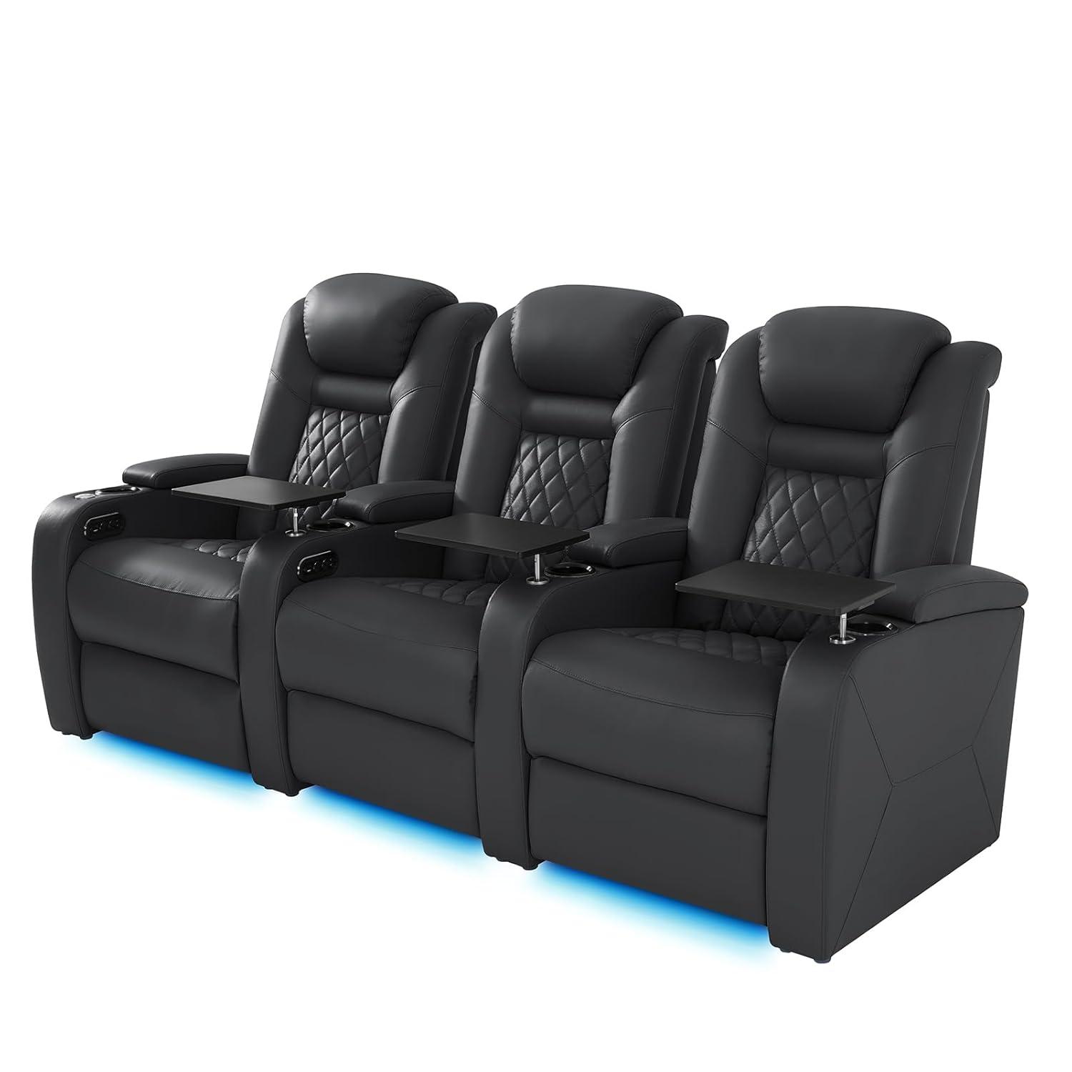 Top Grain Leather Home Theater Seating Power Headrest & Memory Function, 7-Color Ambient Lighting, USB/Type-C Charging, Easy Assembly Electric Recliner Chair (Row of 3)