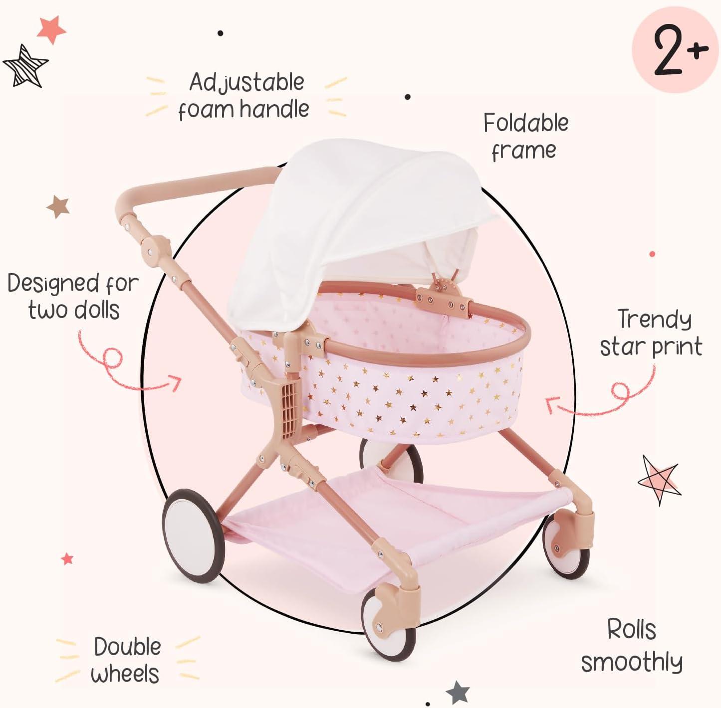 LullaBaby 14" Baby Doll & Double Stroller Accessory Set - Pink & Golden Stars