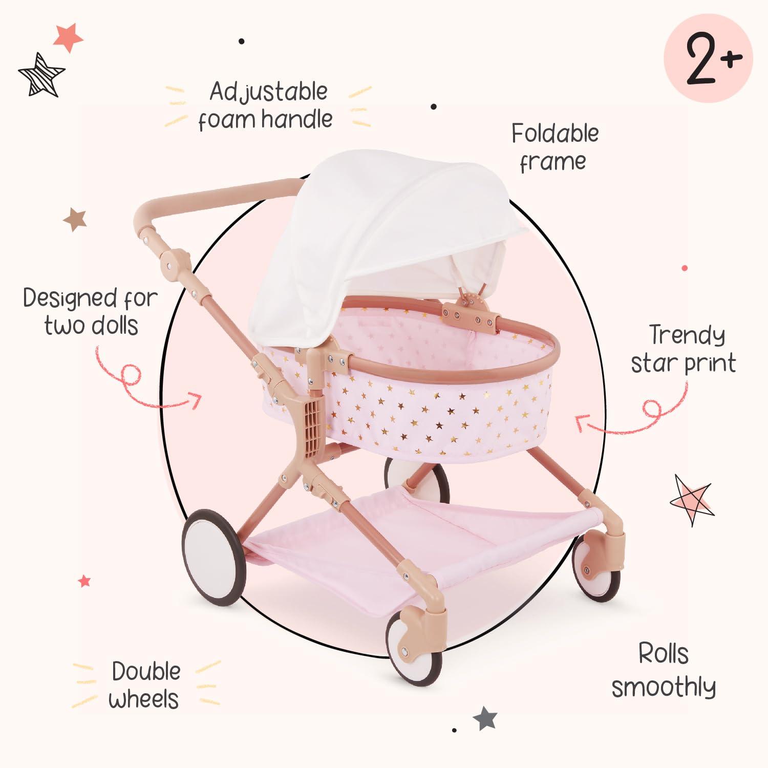 LullaBaby 14" Baby Doll & Double Stroller Accessory Set - Pink & Golden Stars: Toy Stroller with Canopy & Basket