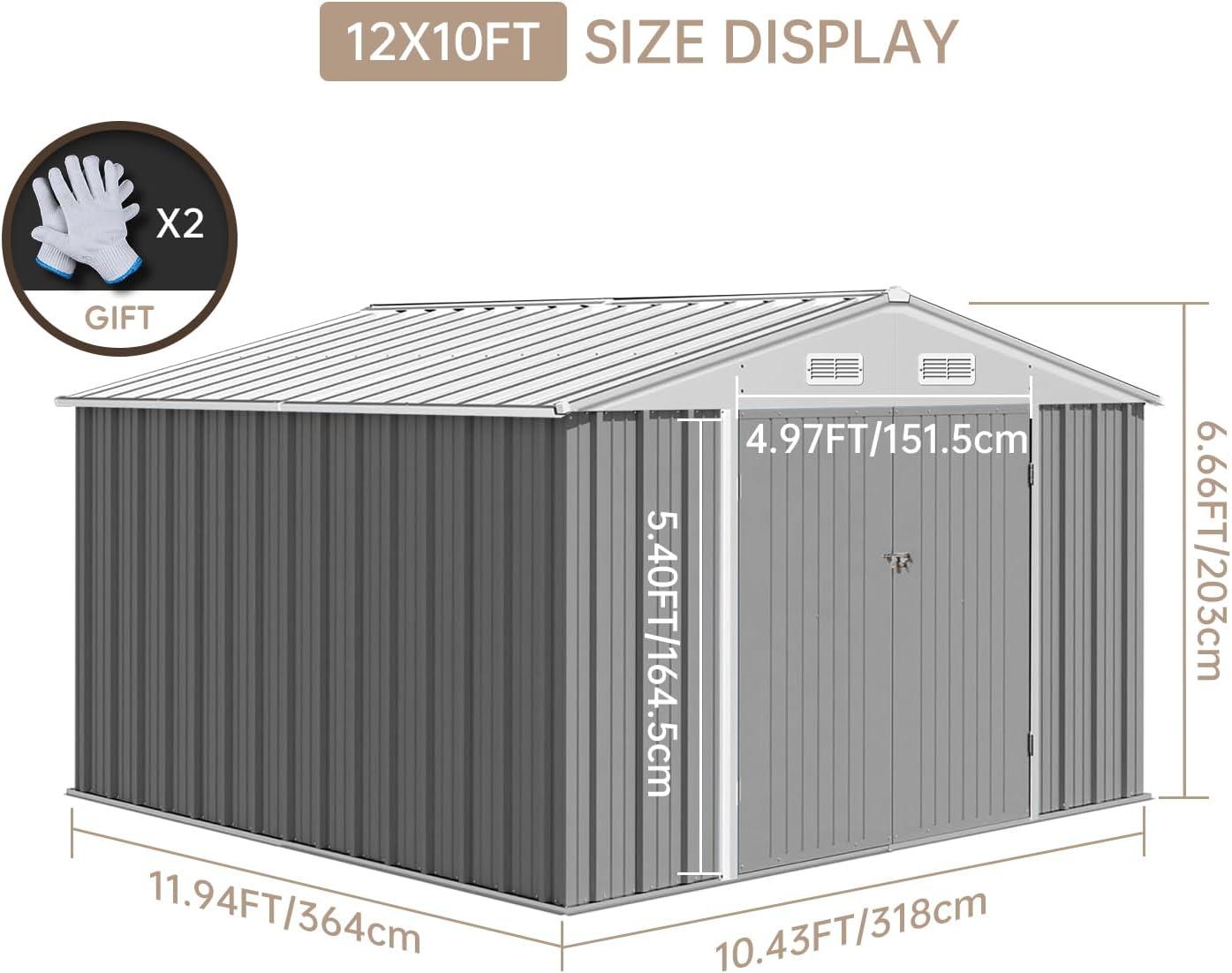 10' x 12' Outdoor Shed, Multipurpose Storage Shed Heavy-Duty Frame, Peak Garden Tool Shed w/Double Doors, Extra Large Size Metal Shed for Patio Lawn Yard