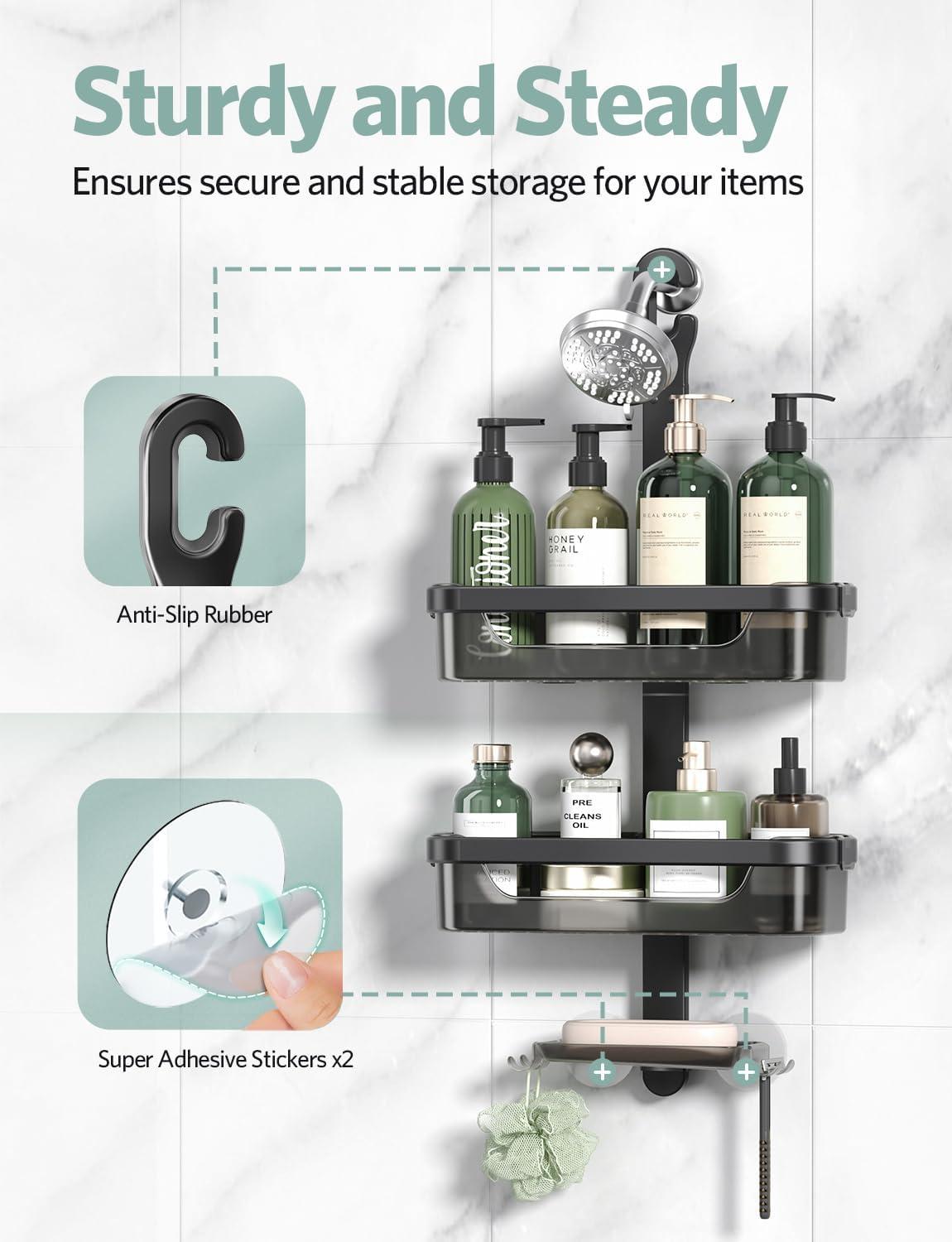 LAMU Over-the-Shower Head Organizer, 3-Shelf Aluminum Shower Caddy, Black