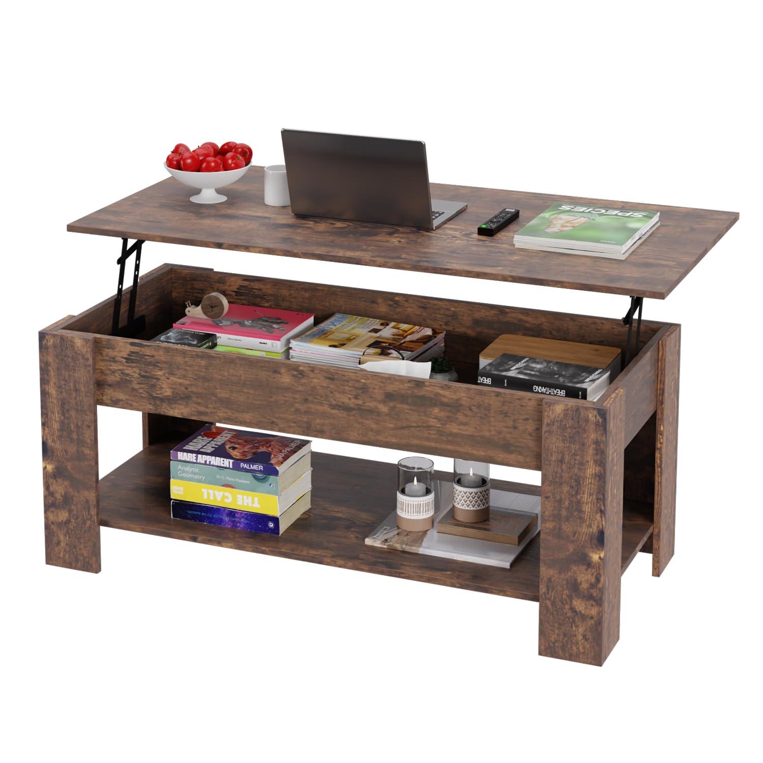 FDW Coffee Table Lift Top Coffee Tables with Hidden Compartment and Storage Shelf Wooden Lift Tabletop Dining Table for Living Room Home (Brown)