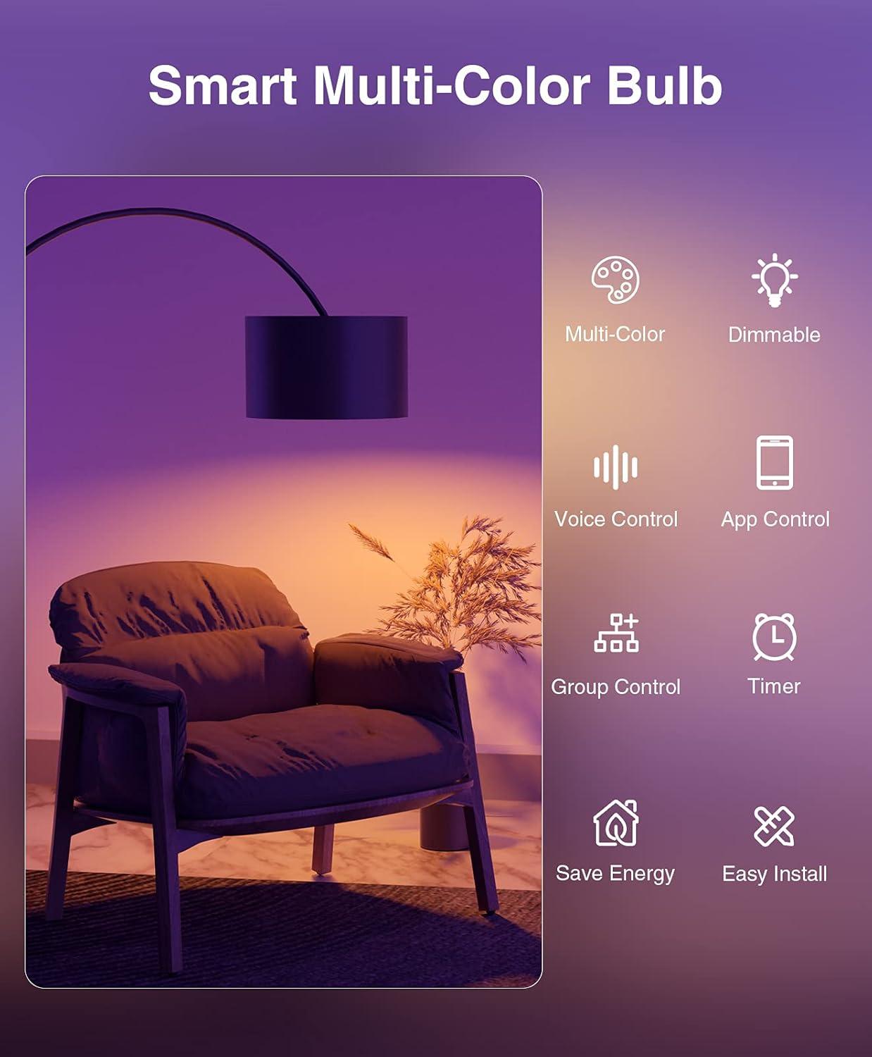 WB4-4: Gosund Smart Bulb, WiFi Light Bulbs, Color Changing Light Bulb, Smart Light Bulbs work with Alexa & Google Assistant, A19 RGB Alexa Light Bulb, RGB+Wnite, Dimmable LED Light Bulbs, 4 Pack