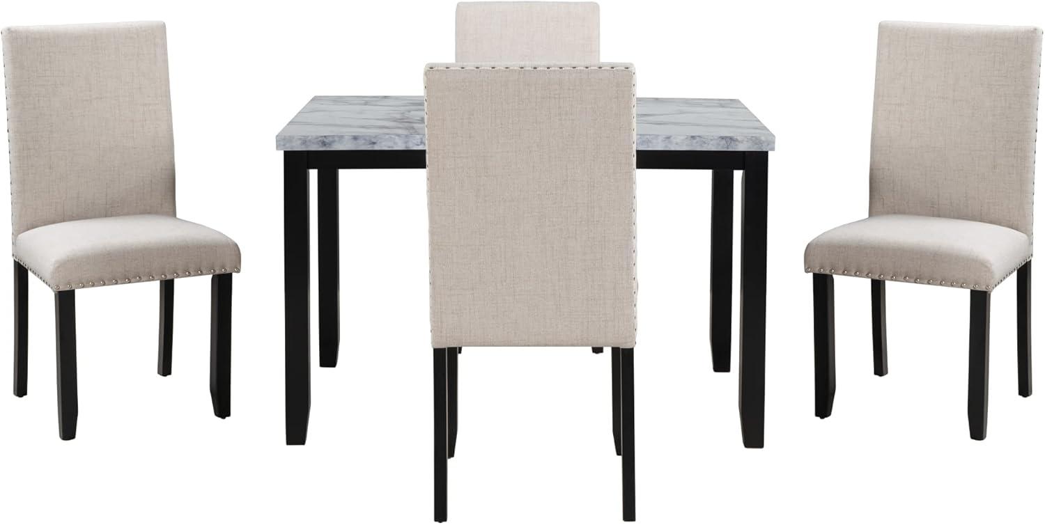 Rectangular Faux Marble Dining Set with Beige Cushioned Chairs