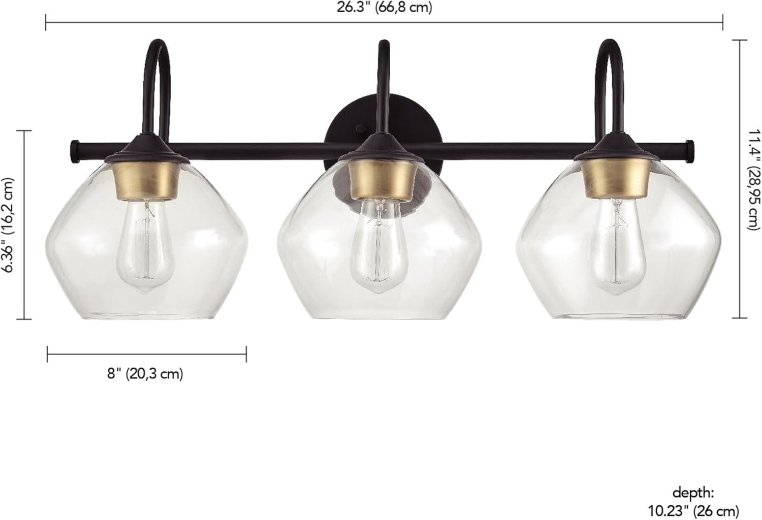 Globe Electric Harrow 3-Light Vanity Light, Dark Bronze, Antique Brass Accents, Clear Glass Shade, 51853