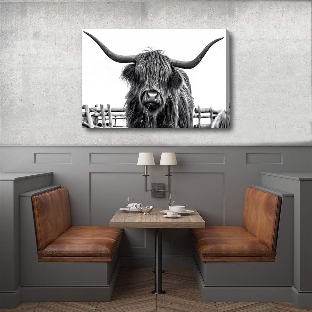 Framed Black and White Highland Cow Canvas Art Print, 16" x 12"