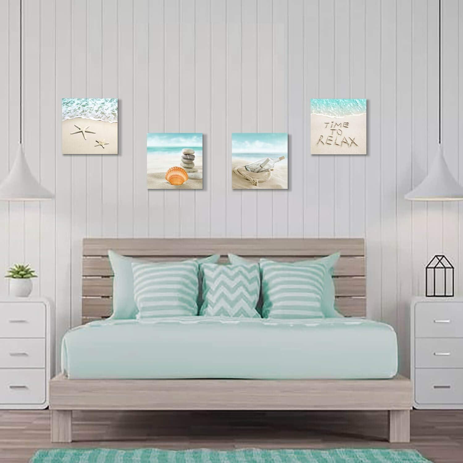 Coastal Beach Canvas Wall Art Set with Seashells and Starfish