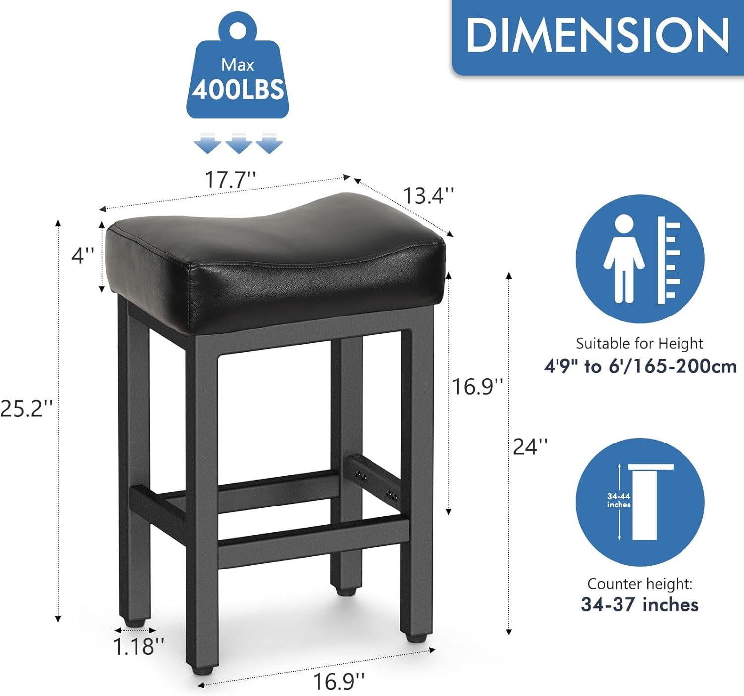 Bar Stools Set of 2,24 Inch Counter Height Stools,Saddle Stools,Metal Frame Bar Stools with Footrest, PU Leather Modern Kitchen Barstools for Kitchen Island,Counter, Pub