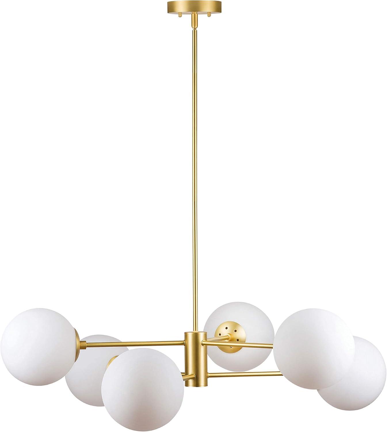 Modern Brass 6-Light Sputnik Chandelier with Frosted Glass Shades