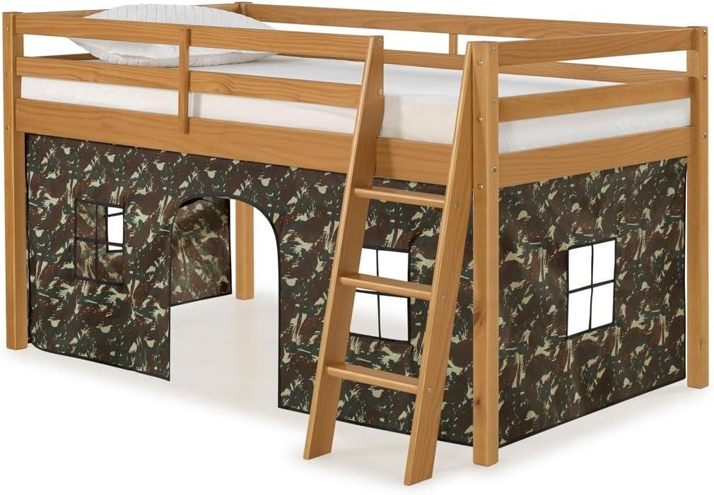 Cinnamon Pine Twin Loft Bed with Green Camouflage Tent