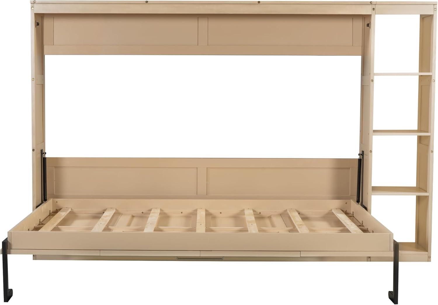 SOFTSEA Modern Murphy Bed Cabinet Bed with Bookshelf, Full Size Foldable Platform Bed Frame with Storage Racks, for Home Guest Room Small Room, Natural