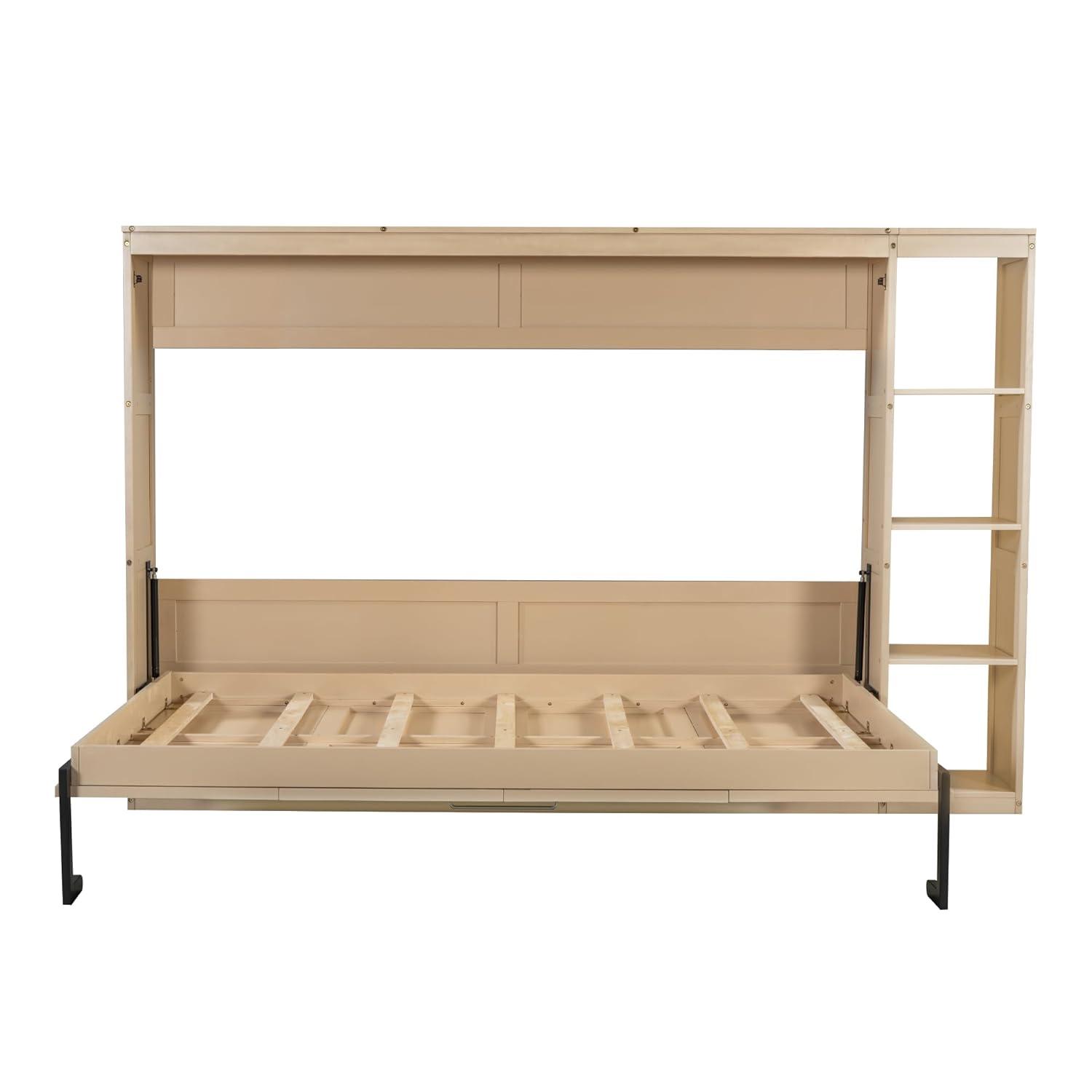 SOFTSEA Modern Murphy Bed Cabinet Bed with Bookshelf, Full Size Foldable Platform Bed Frame with Storage Racks, for Home Guest Room Small Room, Natural