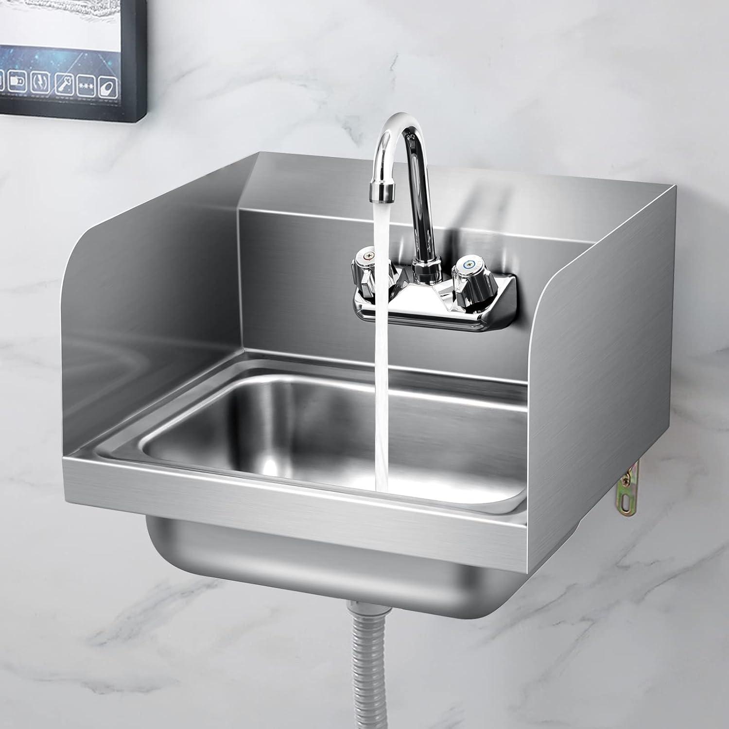 Tangkula Stainless Steel Sink NSF Wall Mount Hand Washing Sink with Faucet & Side Splash