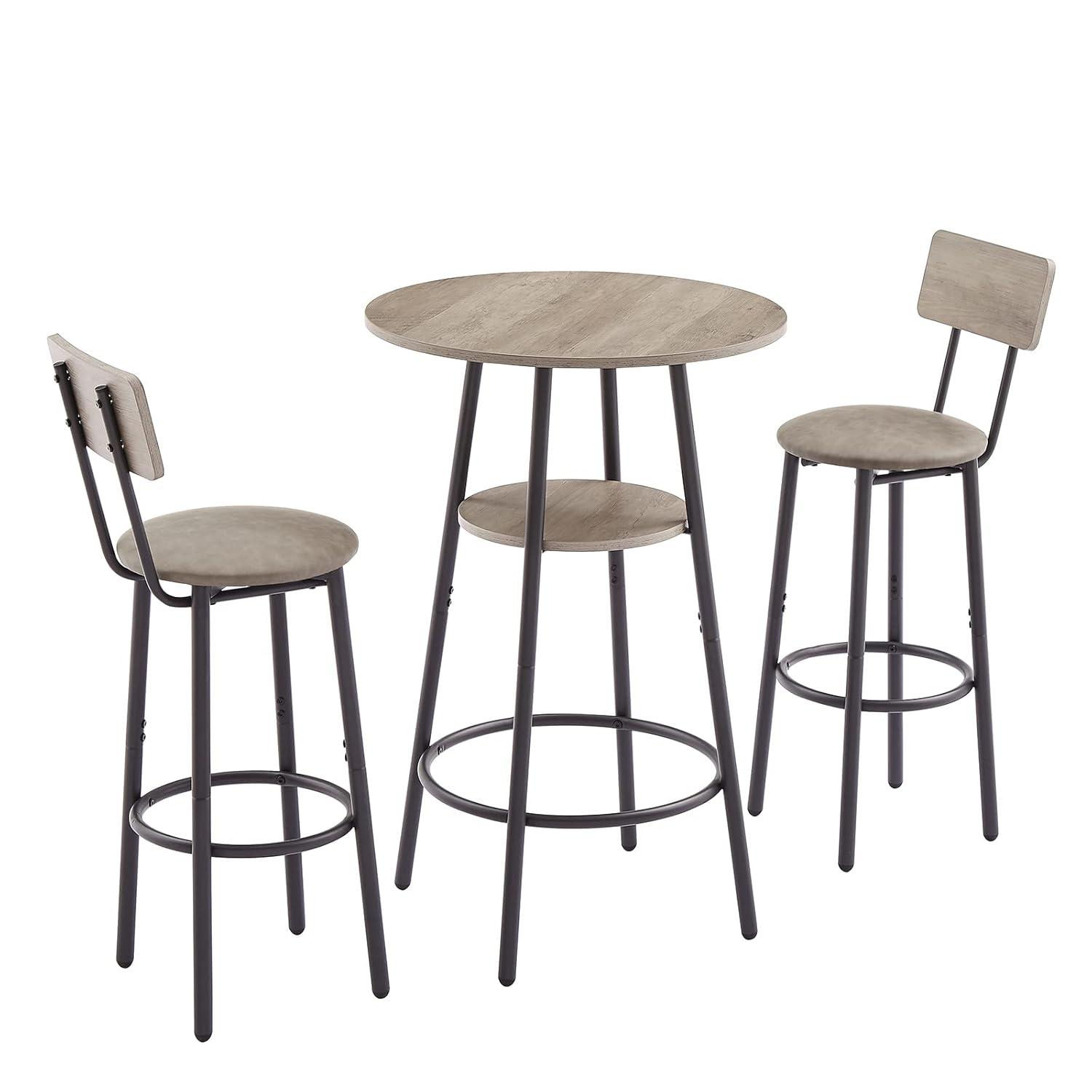 Kitchen Bar Table Set, 3-Piece Bar Table Set for Kitchen, Round Dining Room Set with 2 Upholstered Chairs, Gray Table and Chairs Dining Set for Pub Bistro Restaurant