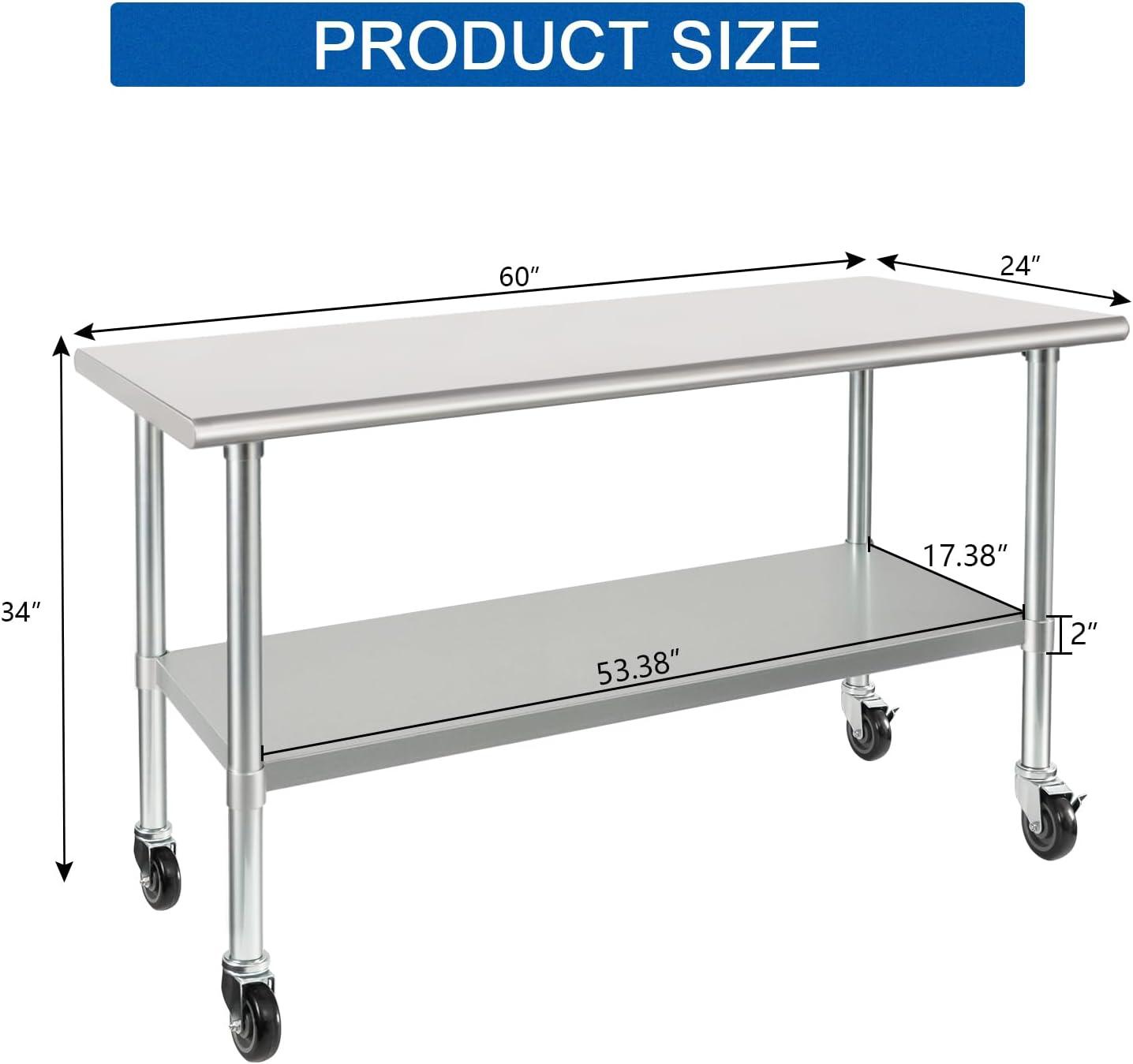 60-Inch Stainless Steel Work Table with Wheels and Undershelf