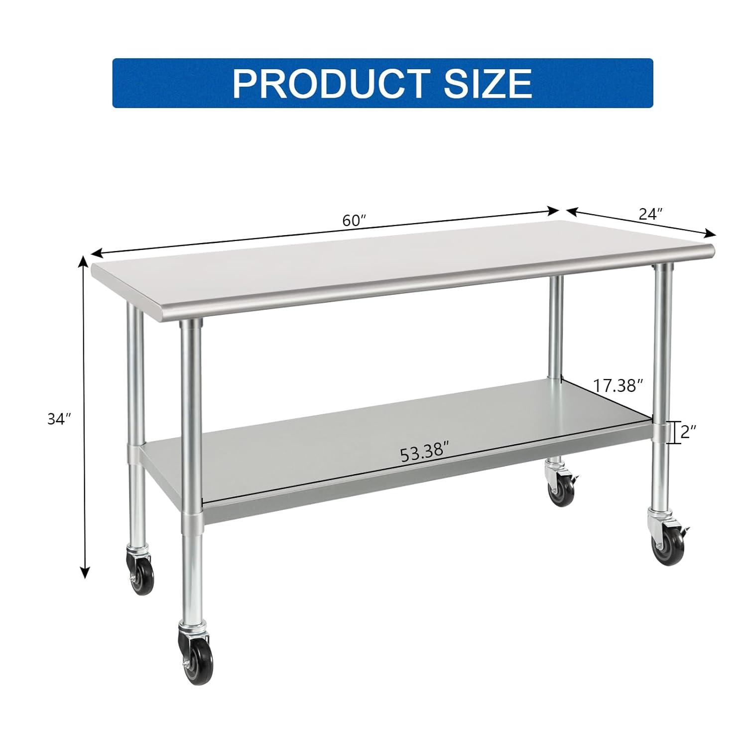 Stainless Steel Table with Wheels 24 x 60 Inches Metal Prep Table with Adjustable Undershelf for Commercial Kitchen, Outdoor, Restaurant, Hotel & Garage