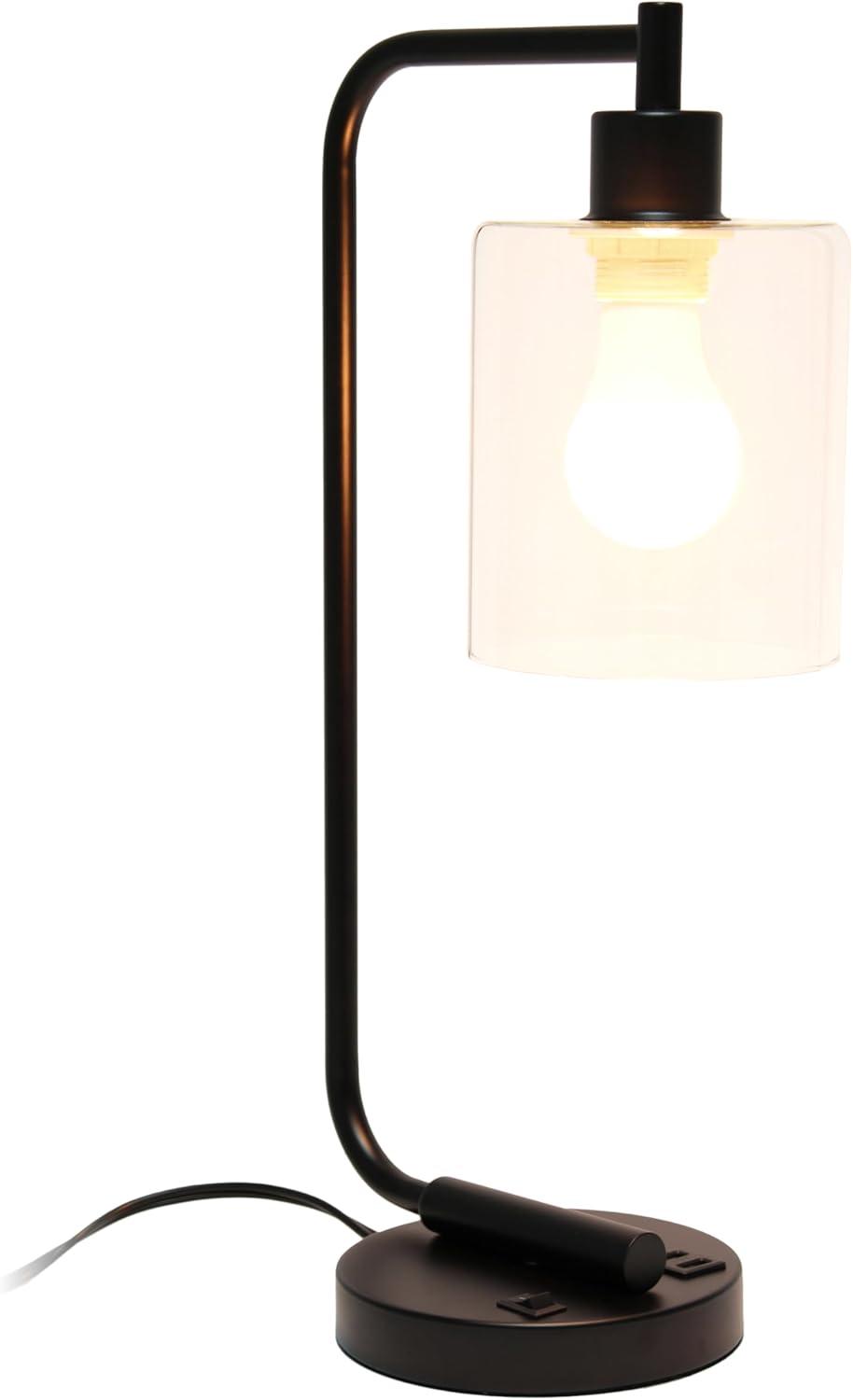 Simple Designs 18.8" Industrial Lantern Desk Lamp w/ USB Port, Black, w/ LED Bulb Included