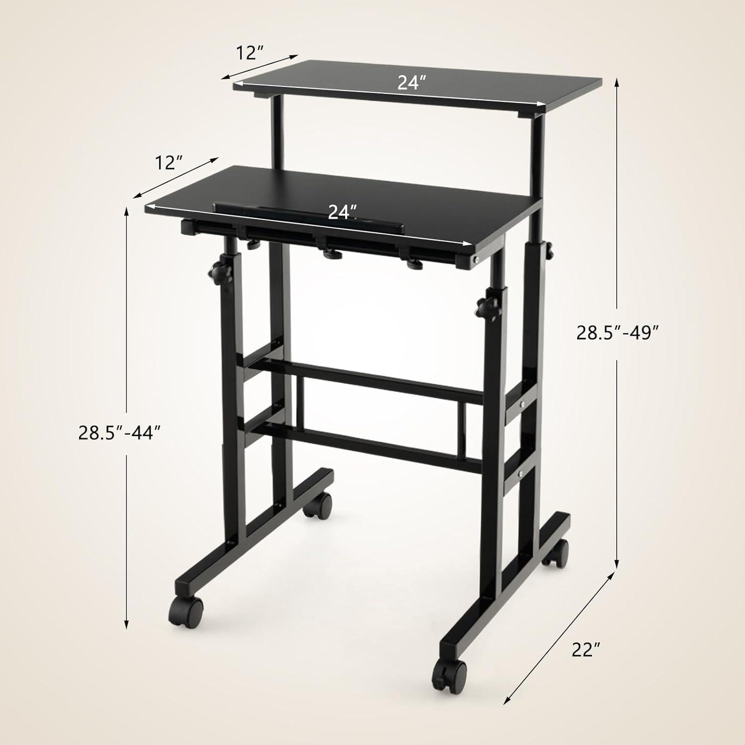 Black Adjustable Height Rolling Laptop Cart with Dual Tabletops