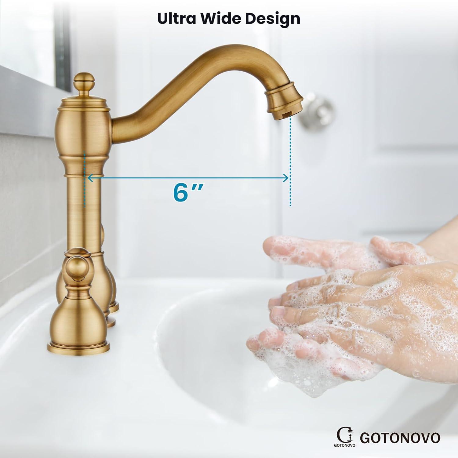 gotonovo Bathroom Faucet 3 Hole 8 Inch Widespread Bathroom Sink Faucet 2 Cross Handles Vintage Lavatory Vanity Mixer Tap with Pop Up Drain, H C Label, Antique Brass