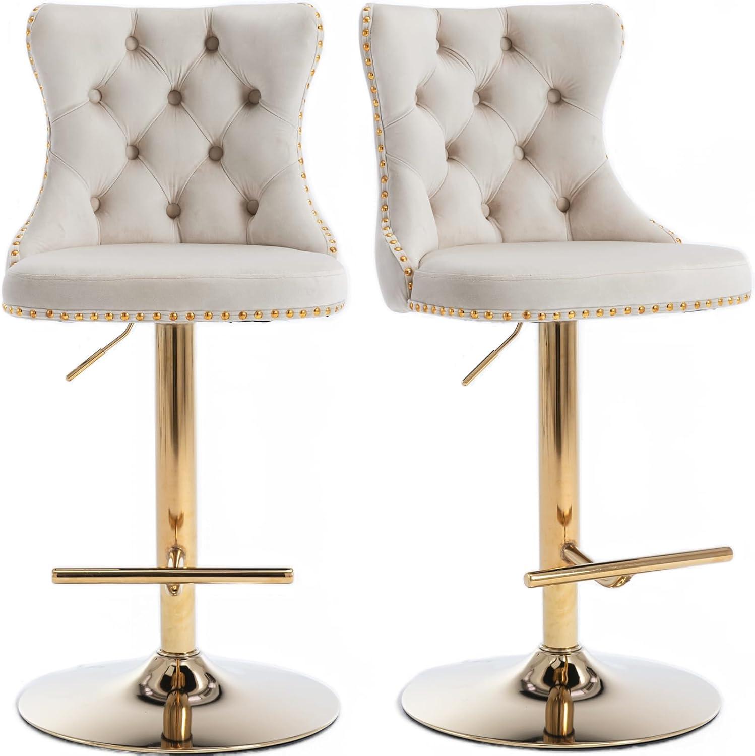 Swivel Counter Height Bar Stools Set of 2, Cream Kitchen Island Barstools, Velvet Adjustable Bar Height Stool Chairs, Tufted Back, Gold Metal Base, Sillas para Barra de Cocina (Beige, Velvet, 2 Pcs)