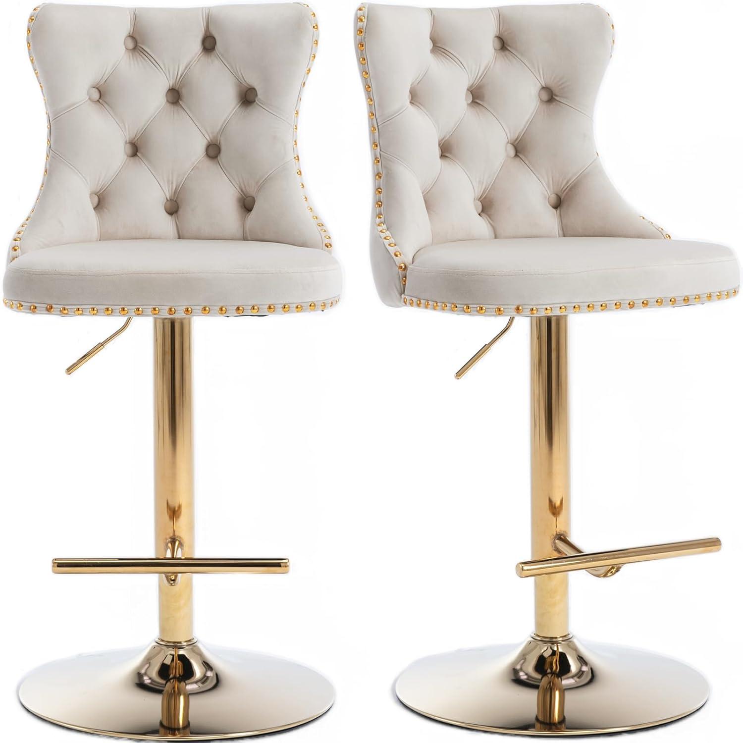 Swivel Counter Height Bar Stools Set of 2, Cream Kitchen Island Barstools, Velvet Adjustable Bar Height Stool Chairs, Tufted Back, Gold Metal Base, Sillas para Barra de Cocina (Beige, Velvet, 2 Pcs)