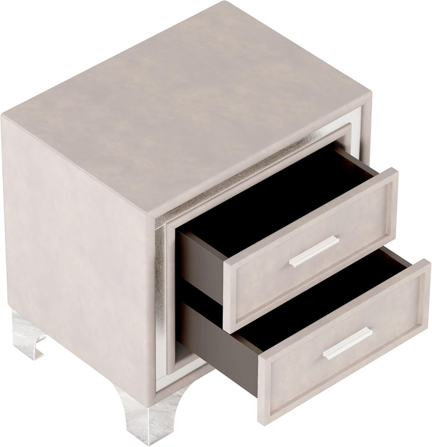 SOFTSEA Velvet Nightstand with 2 Drawers, Modern Upholstered Nightstand with Storage, Bedside Table End Table with Silver Glitter Strip & Metal Legs for Bedroom, Living Room, Easy Assembly, Beige