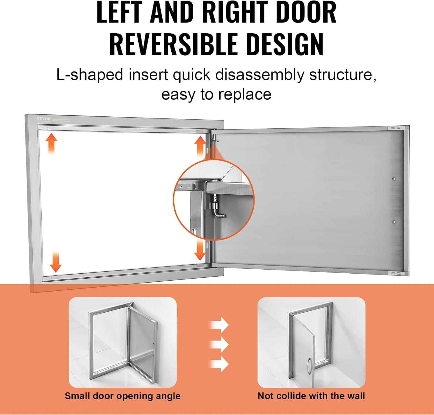 VEVOR BBQ Access Door, 24W x 17H Inch Single Outdoor Kitchen Door, Stainless Steel Flush Mount Door, Wall Vertical Door with Handle, for BBQ Island, Grilling Station, Outside Cabinet