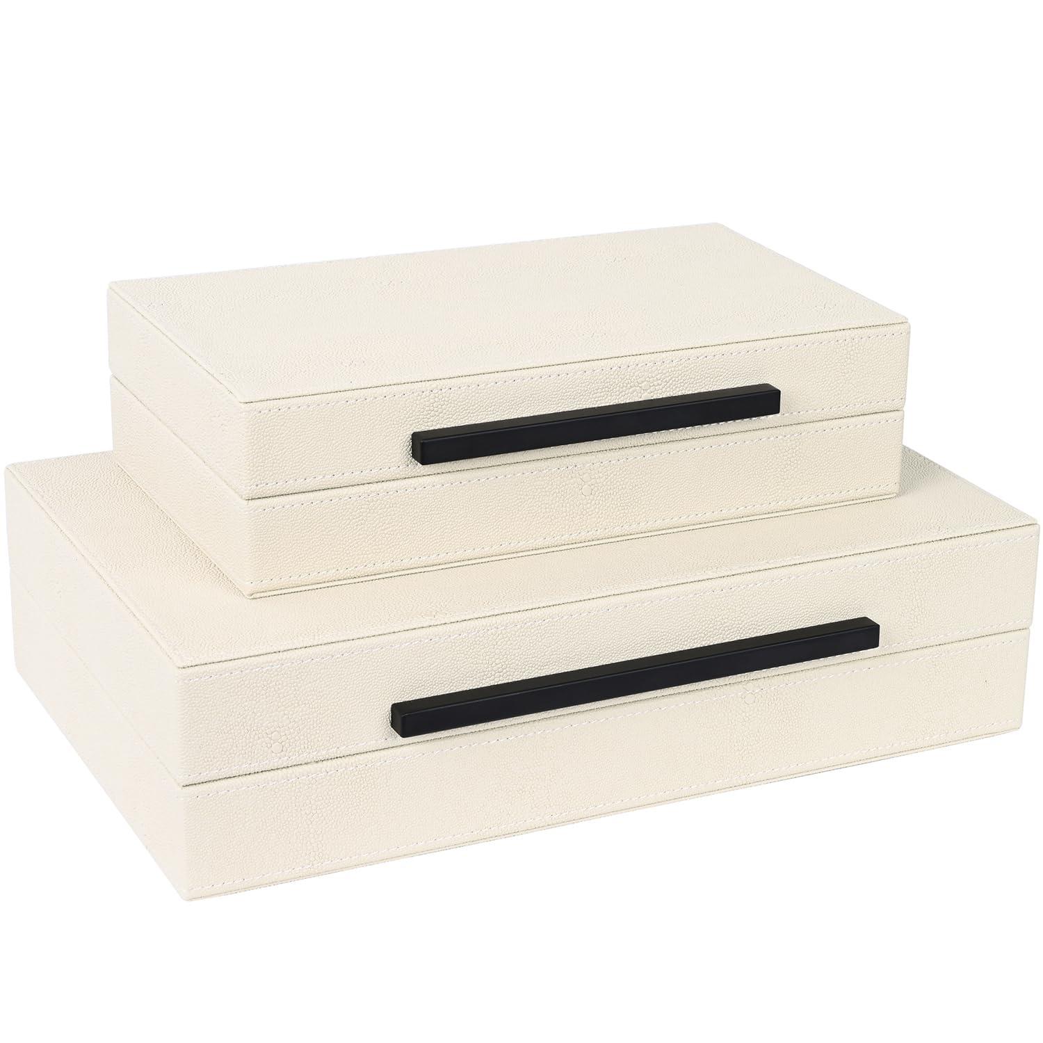 Faux  Leather Decorative Jewelry Storage Nesting Organizer Boxes with Lids Gold Handle Set of 3, Black