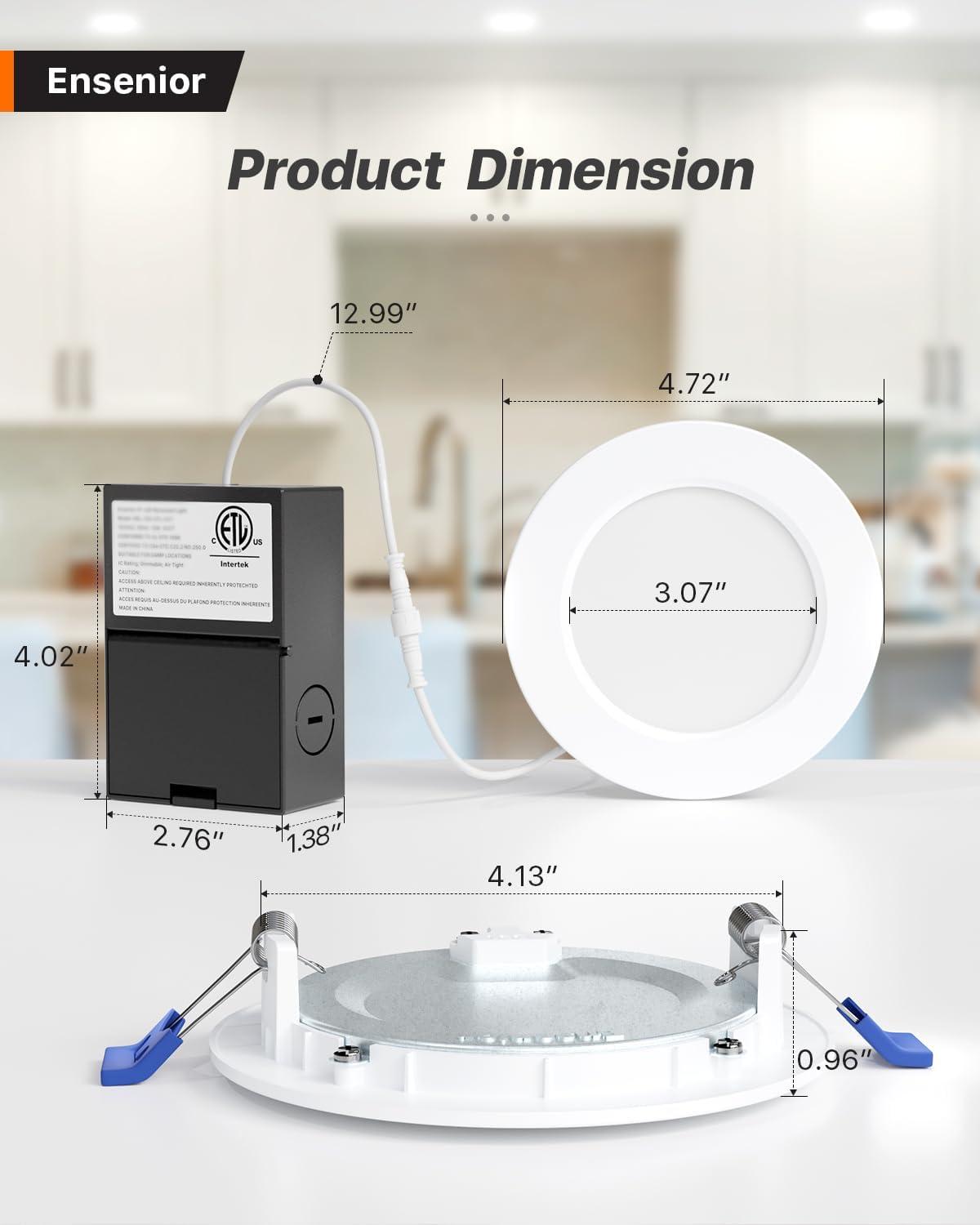 Ensenior 12 Pack 4 Inch Ultra-Thin LED Recessed Ceiling Light with Junction Box, 3000K/4000K/5000K Selectable, 9W 75W Eqv, Dimmable, 750LM High Brightness - ETL and Energy Star Certified 4 Inch 5000k/4000k/3000k - 3cct White