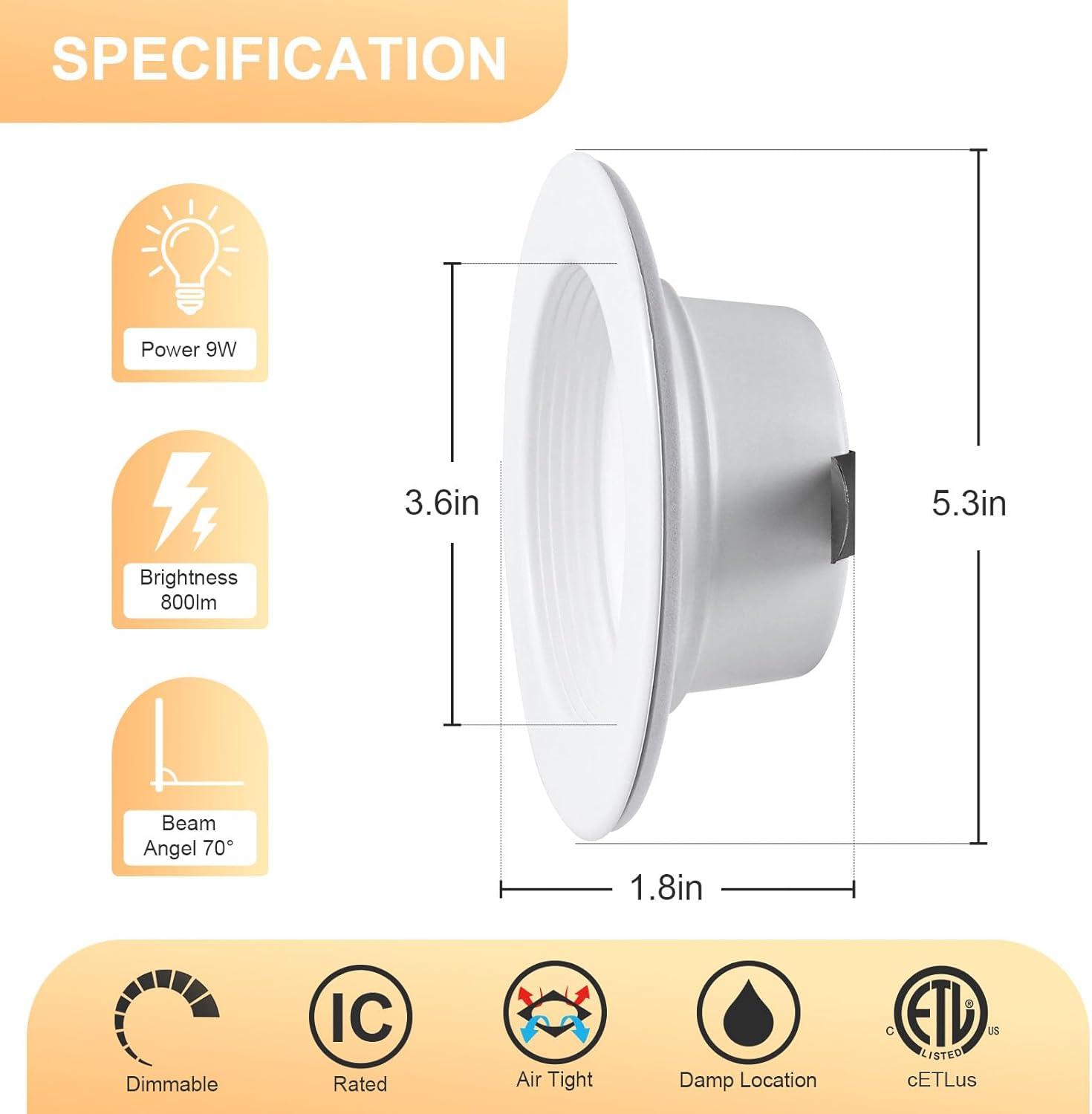 12 Pack 4 Inch 5CCT LED Retrofit Recessed Light, Baffle Metal Trim, Dimmable Can Lights, E26 & TP24, FCC T24 ETL, 2700K/3000K/3500K/4000K/5000K