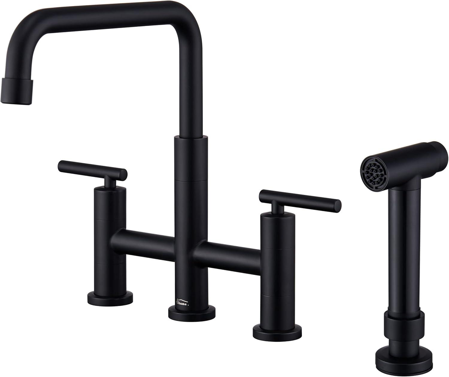 Double Handle Bridge Kitchen Faucet in Brushed Gold, with Put Out Side Sprayer