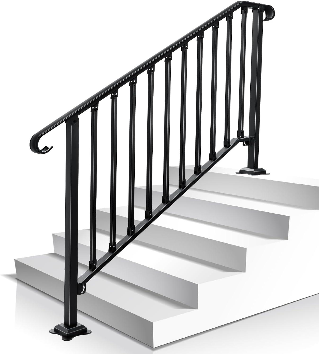 HLL Handrails for Outdoor Steps, Black Wrought Iron Handrail Fits 4 or 5 Steps, Transitional Handrail with Installation Kit, Stair Railing for Concrete Steps or Wooden Stairs
