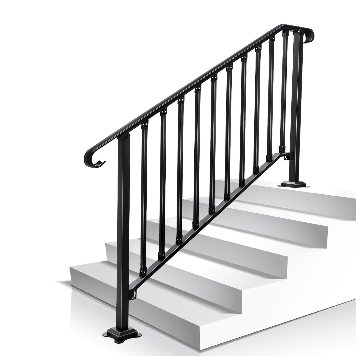 HLL Handrails for Outdoor Steps, Black Wrought Iron Handrail Fits 4 or 5 Steps, Transitional Handrail with Installation Kit, Stair Railing for Concrete Steps or Wooden Stairs