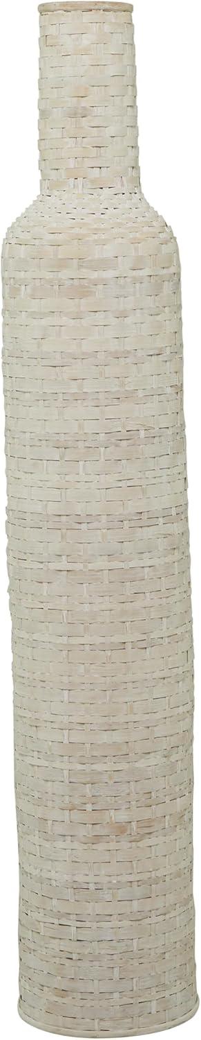 Tall White and Beige Woven Bamboo Floor Vase