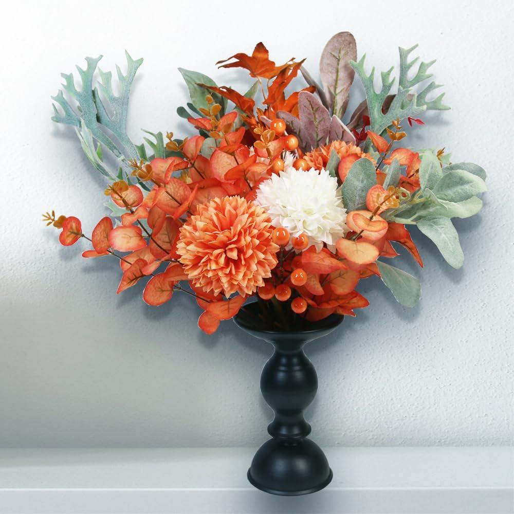 12pcs Orange Fake Flowers 12" Artificial Chrysanthemum Ball Silk Flowers Bouquet for Home Kitchen Wedding Table Arrangement Decorations