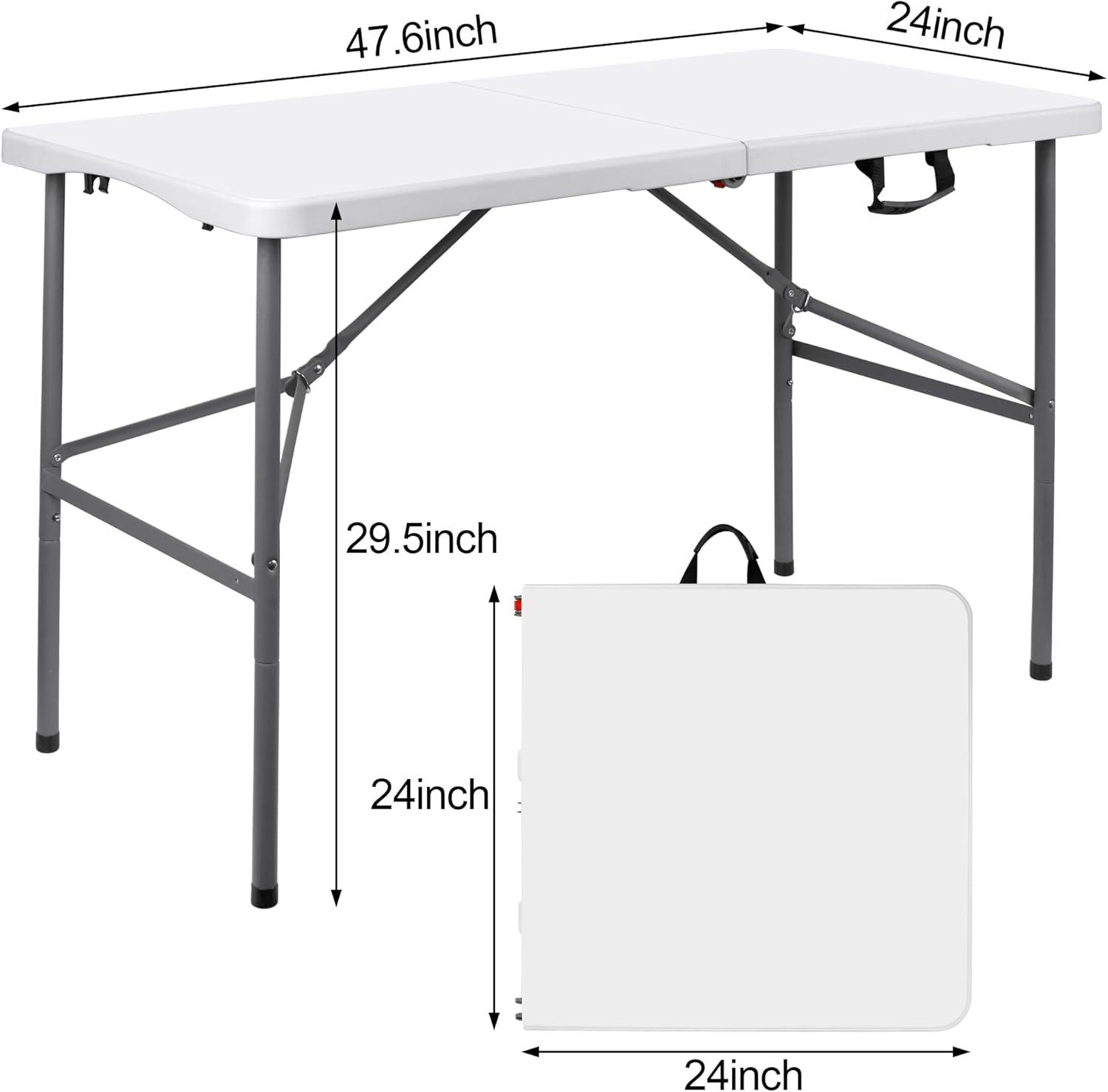 4 ft Portable Folding Table, Idustrial Heavy-Duty Foldable Table, HDPE Plastic Table, with Carrying Handle, Locks, Stright Legs for Indoor & Outdoor Party, Barbeque, Camping, Board Games - White