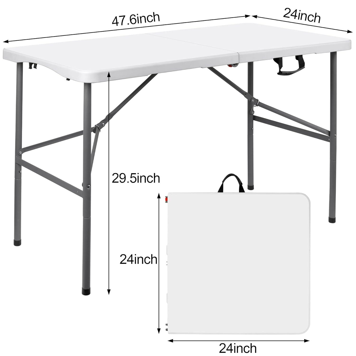 4 ft Portable Folding Table, Idustrial Heavy-Duty Foldable Table, HDPE Plastic Table, with Carrying Handle, Locks, Stright Legs for Indoor & Outdoor Party, Barbeque, Camping, Board Games - White