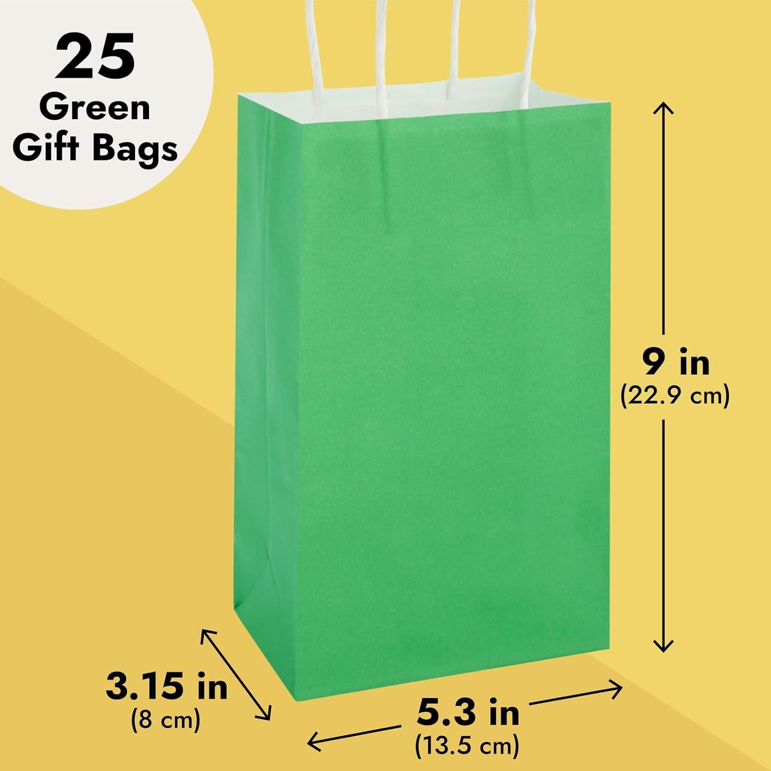 Green Small Paper Gift Bags with Handles, 25-Pack