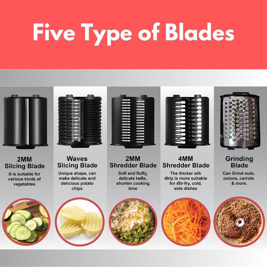 Ttak HOUSEWARE Electric Cheese Grater, 250W Professional Electric Slicer Shredder, One-Touch Control Electric Salad Machine Fruits, Vegetables, Cheeses, Salad Maker 5 Attachments Food Processor