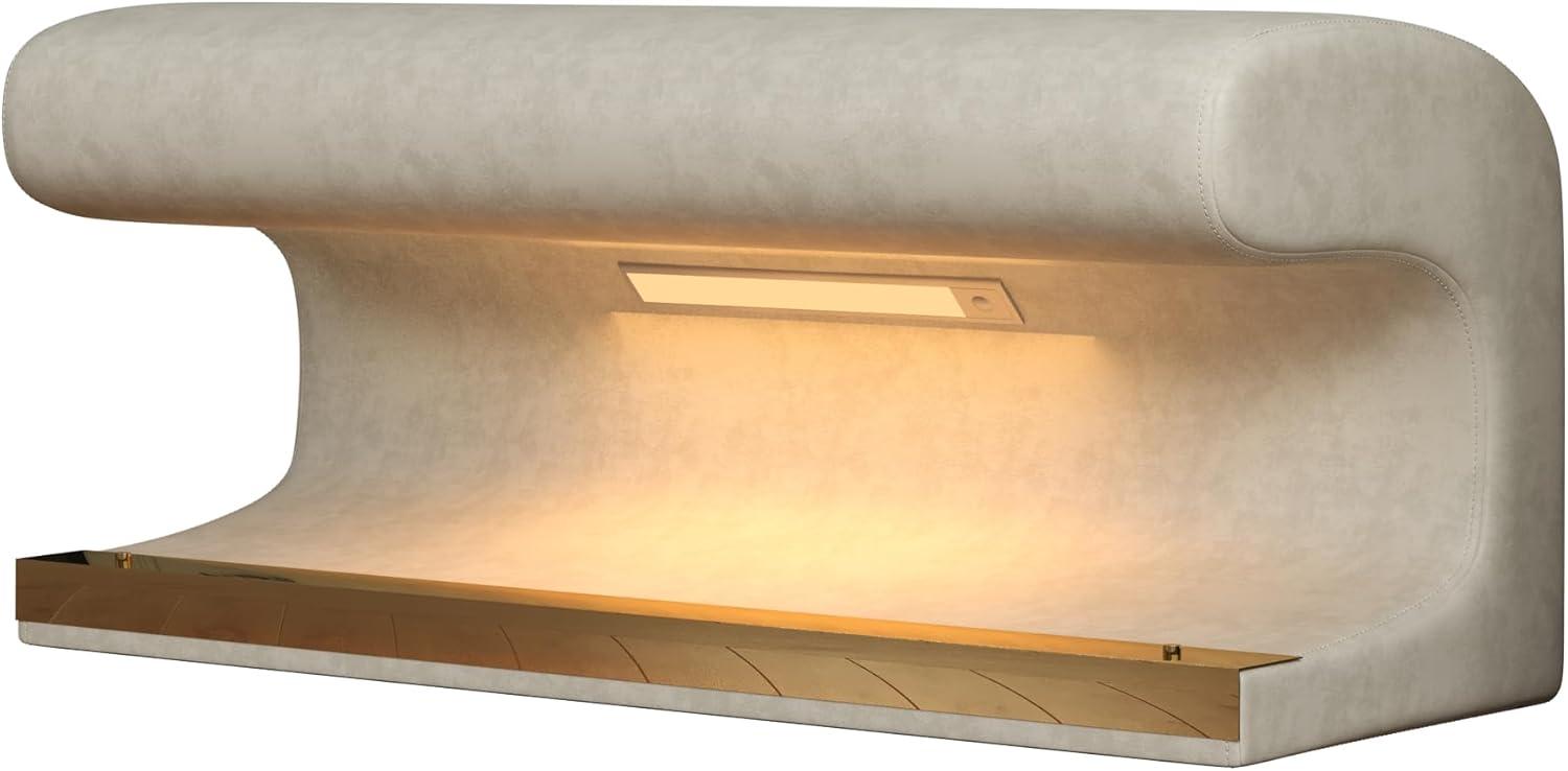 CYBORIS Modern Entryway Bench with LED Light, Leather Upholstered Ottoman for Living Room Bedroom End of Bed, Beige